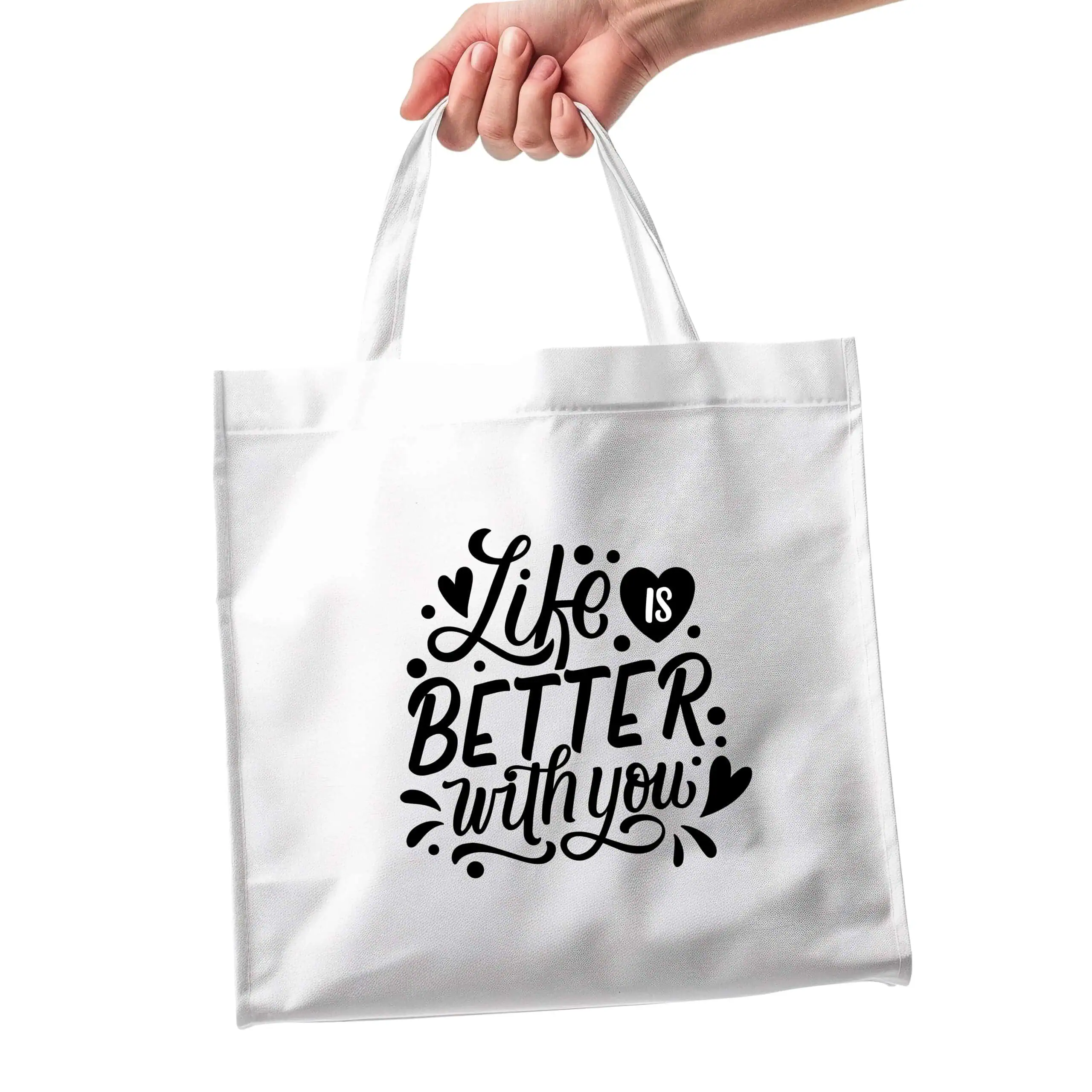 Saco Tecido - Life Is Better With You (1x1) Vida é melhor com livros e amor, refletido na tote bag branca com escrita inspiradora.