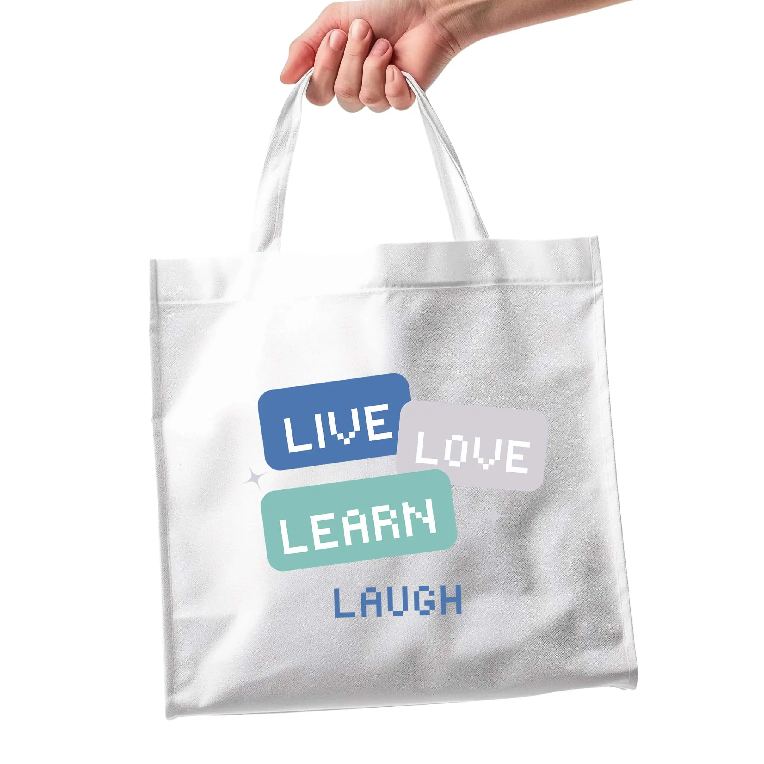 Saco Tecido - Live Love Learn Laugh (1x1) Diversão com palavras em saco de tecido branco, conceito de aprendizagem, amor, risos e vida.