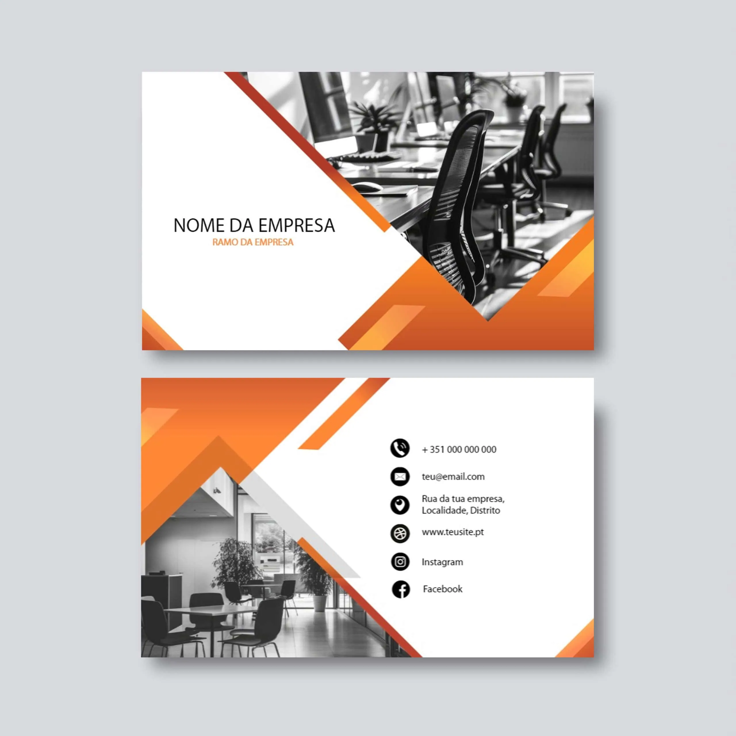 Modelos de cartões de visita empresariais modernos e profissionais com design em laranja e preto.