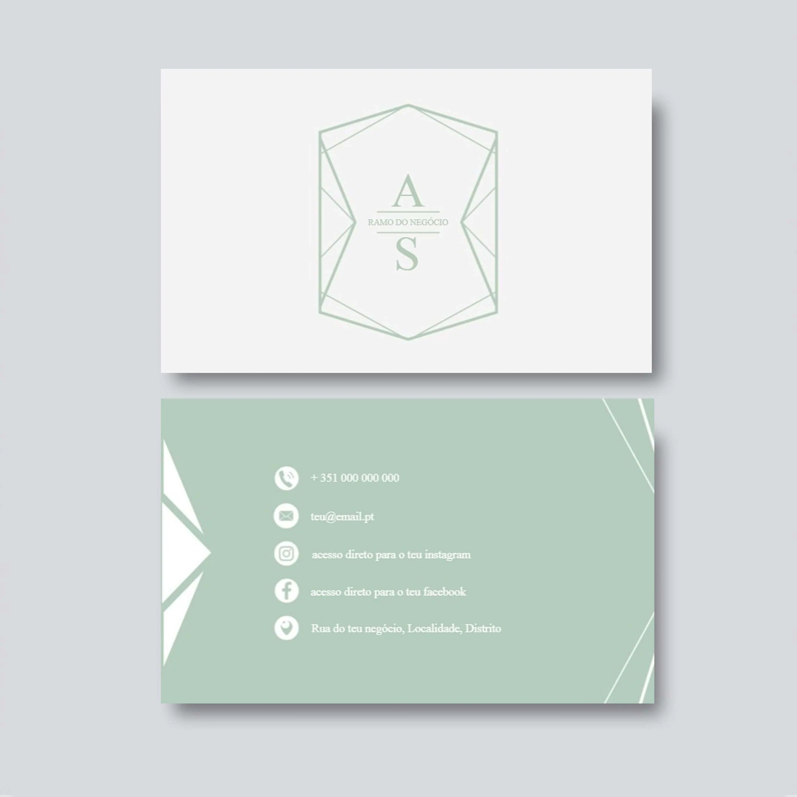Design de cartão de visita para negócios, com logo elegante e informações de contacto em tons verdes suaves.