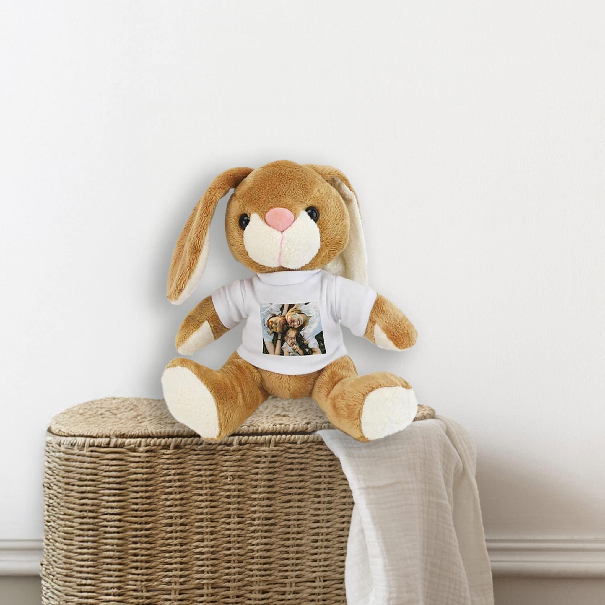Coelho de pelúcia com t-shirt personalizada, decorativo para quarto infantil elegante.