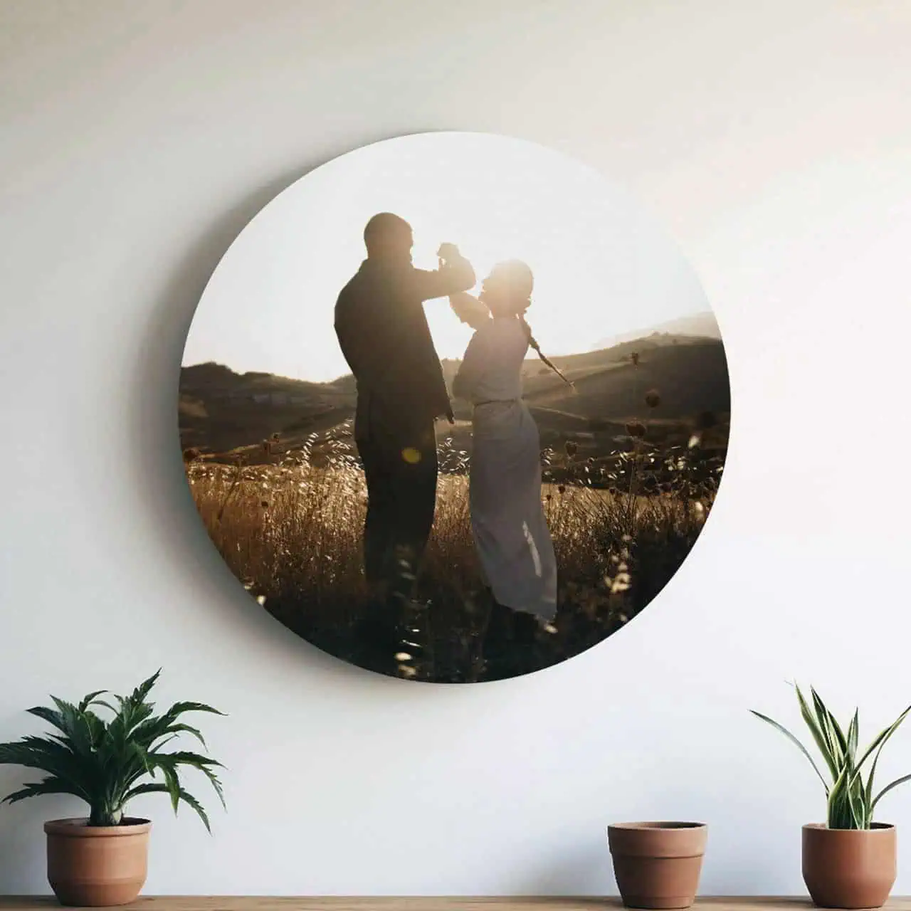 Paisagem ao pôr do sol com pessoas, decoração moderna, impressão em parede arredondada, arte parede Lisboa, estilo minimalista, decoração sala de estar.