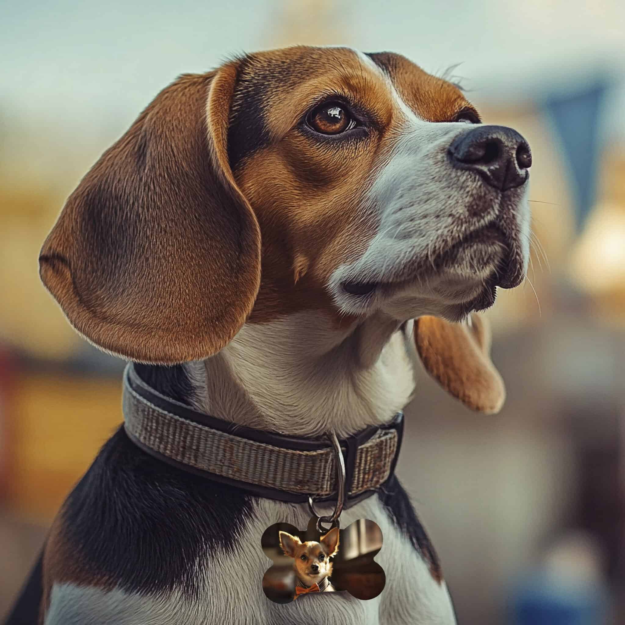 Cão Beagle com coleira e etiqueta, expressão alerta, ambiente ao ar livre.