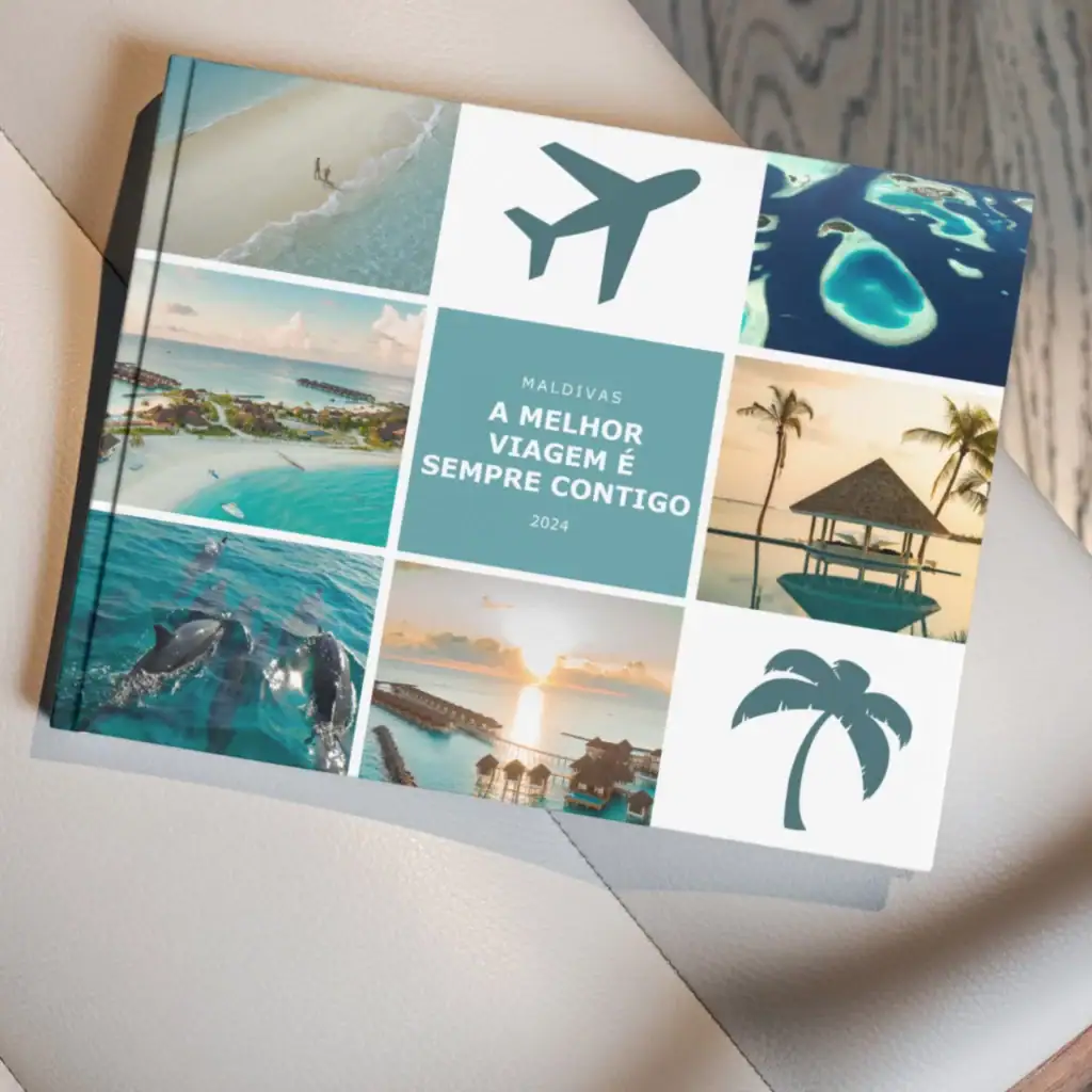 Viagem às Maldivas com fotos de praias, ilhas e golfinhos, ideal para promover destinos turísticos paradisíacos.