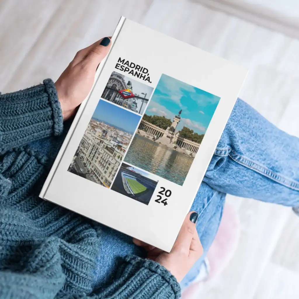 São imagens de uma caderneta de anotações com fotos de Madrid, Espanha, e o ano 2024. Possivelmente um calendário ou guia de viagem.