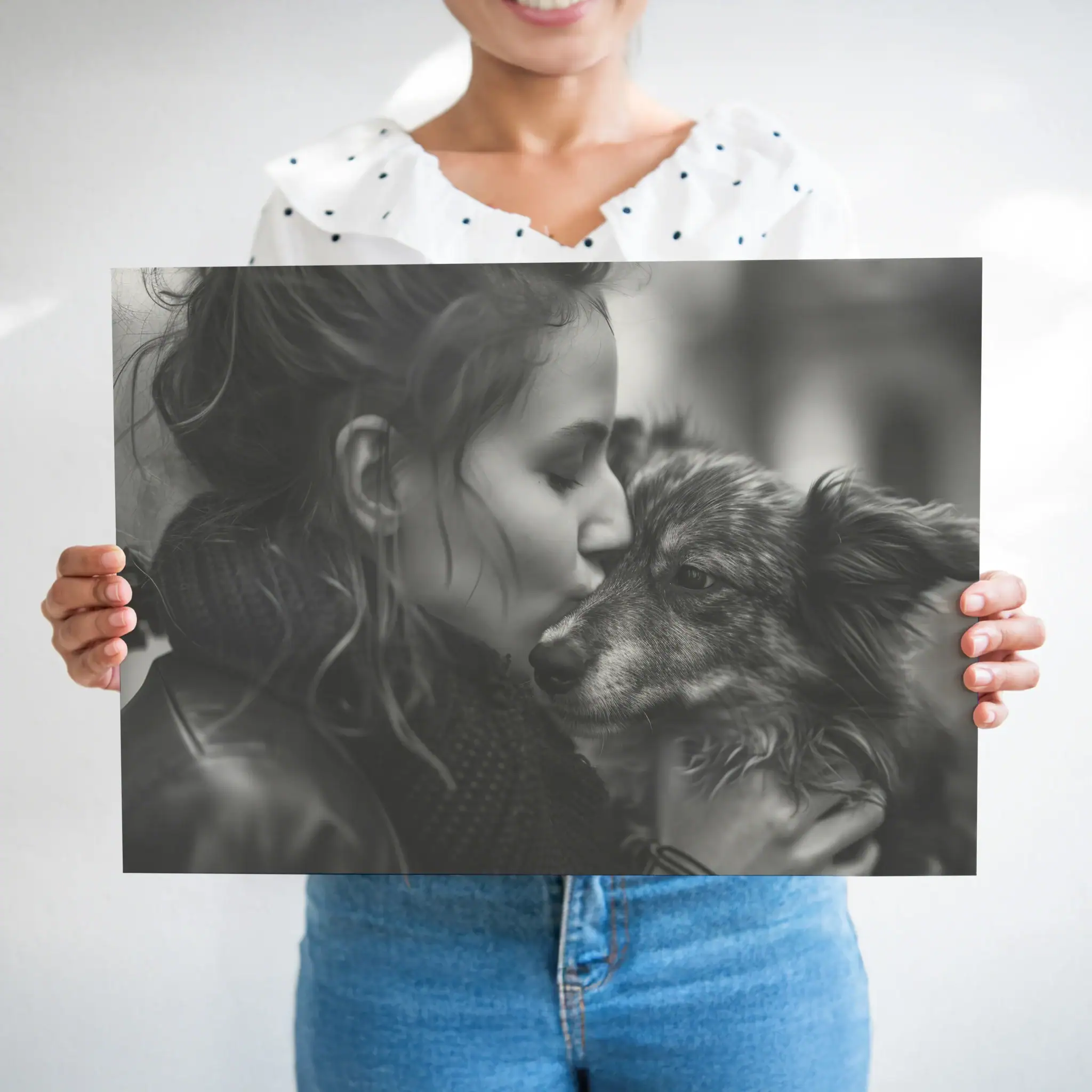 Amiga com foto de mulher a beijar cão, retrato emocional em preto e branco, presente de amor e amizade.