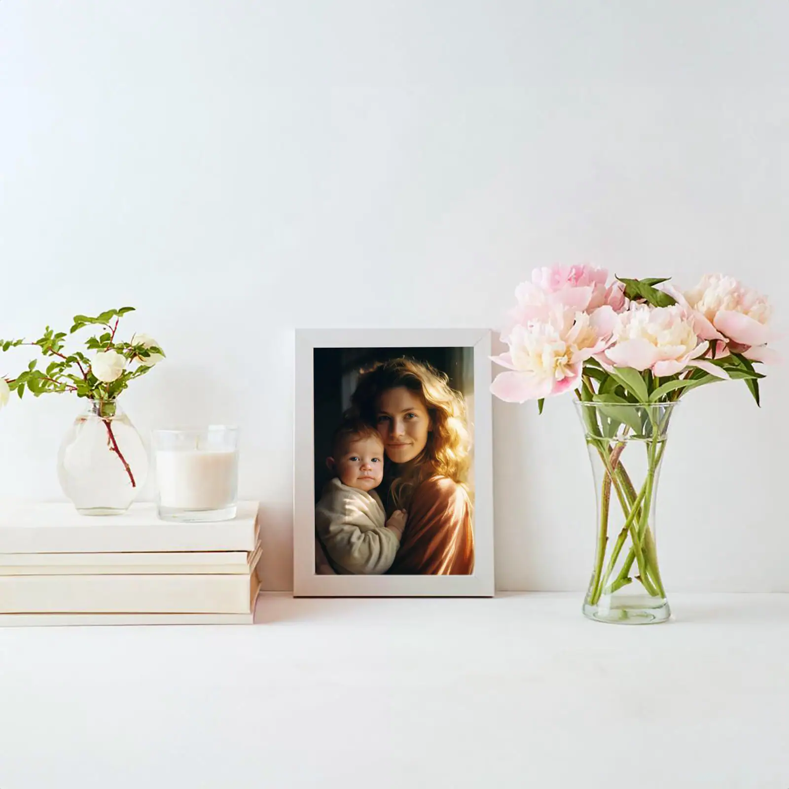 Retrato em moldura de mãe e filho com flores e velas decorativas em ambiente acolhedor.