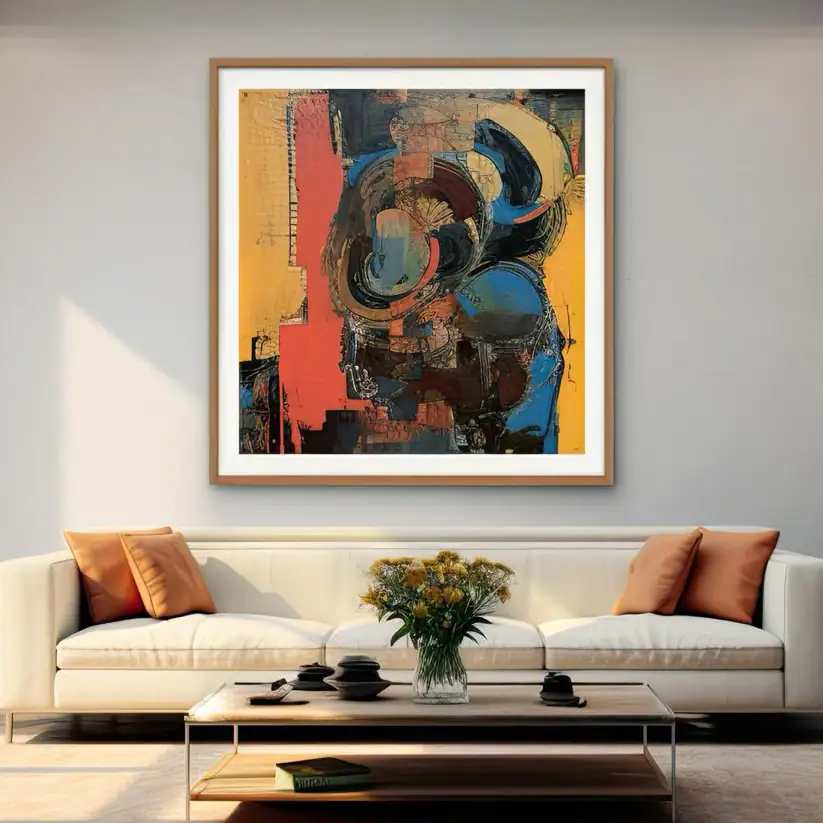 Abstrato quadro de arte moderna com cores vibrantes e detalhes texturais em sala de estar elegante.