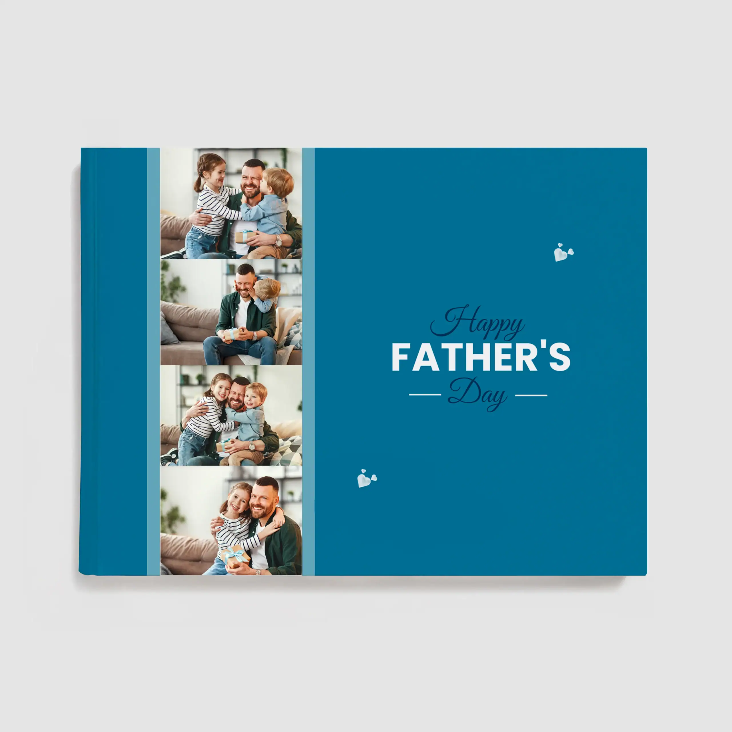 AlbumHappyFatherDay_CapaFlex_Horizontal São apresentados exemplos de um livro comemorativo do Dia do Pai, com fotos de momentos familiares felizes.