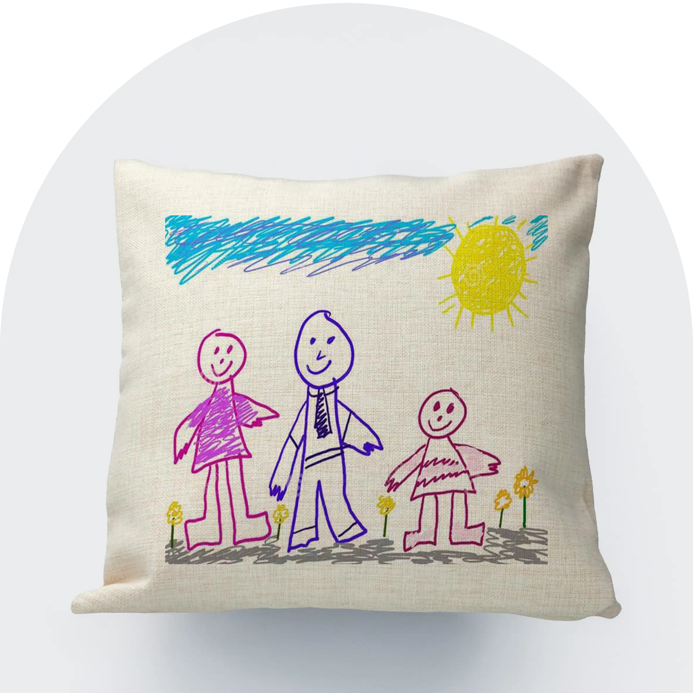 Desenho de almofada com crianças e sol pintados à mão, artigo decorativo infantil alegre.