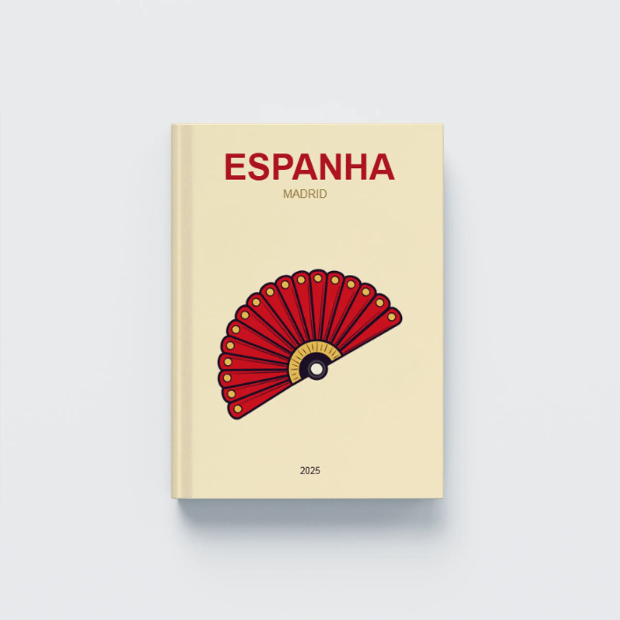 Espanha_CapaDura_V Franja de leque vermelha em capa de livro de Espanha Madrid com design moderno e minimalista.