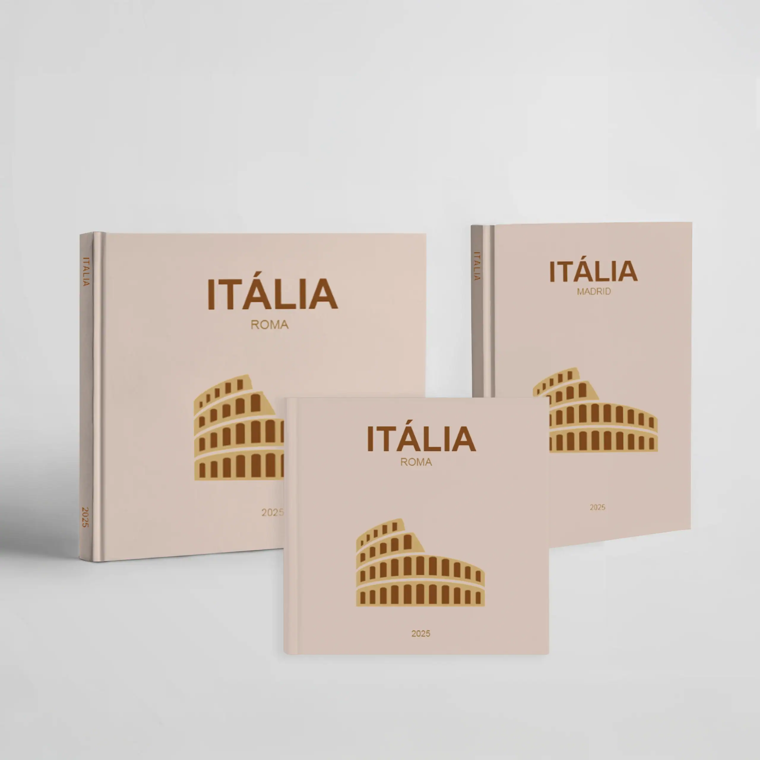 Itália_CapaDura Fotografia de três livros com capa rosa, dedicados à Itália, com destaque para os nomes das cidades e a Torre de Pisa.