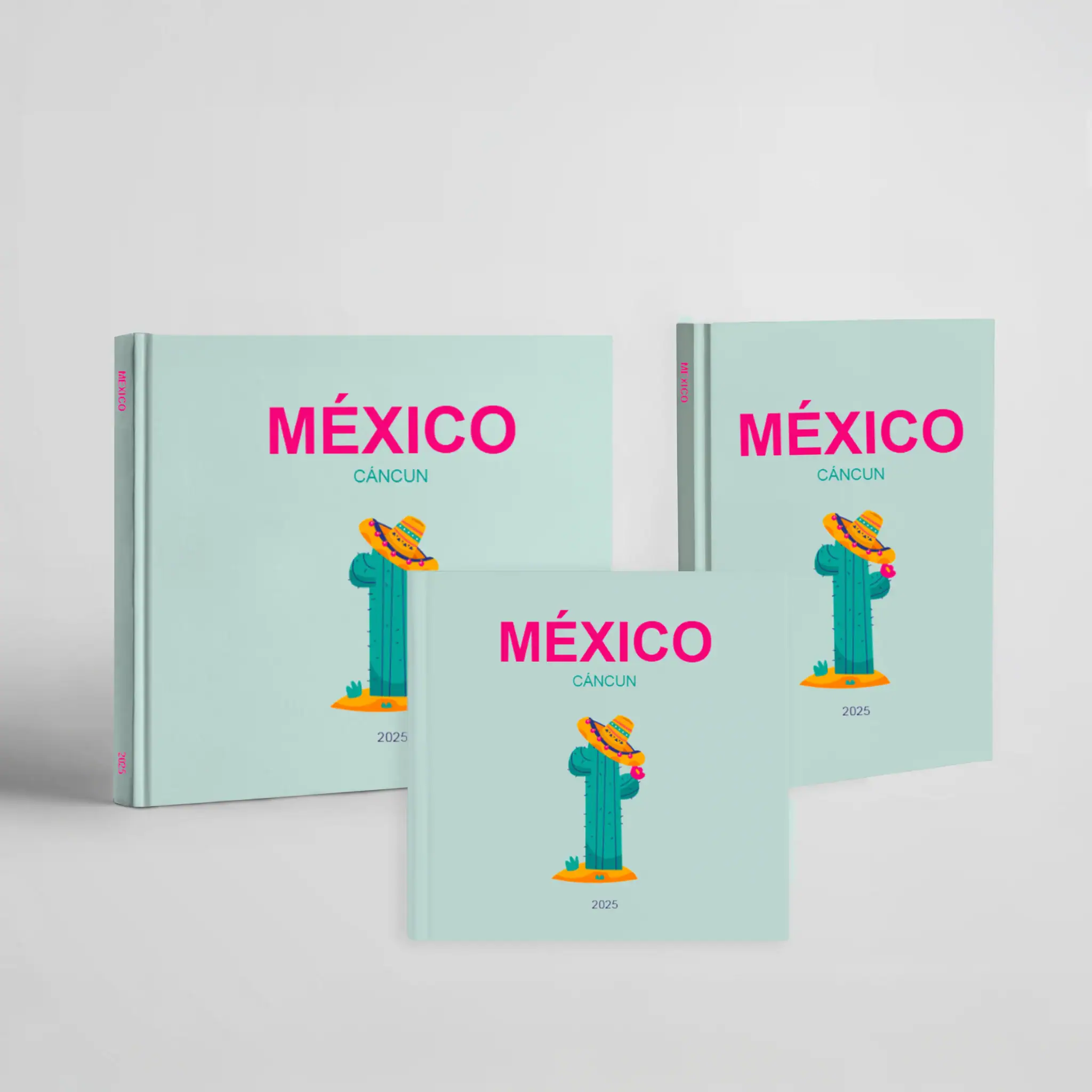 Cacto com chapéu mexicano na capa de livro sobre México e Cancún, design vibrante e colorido.